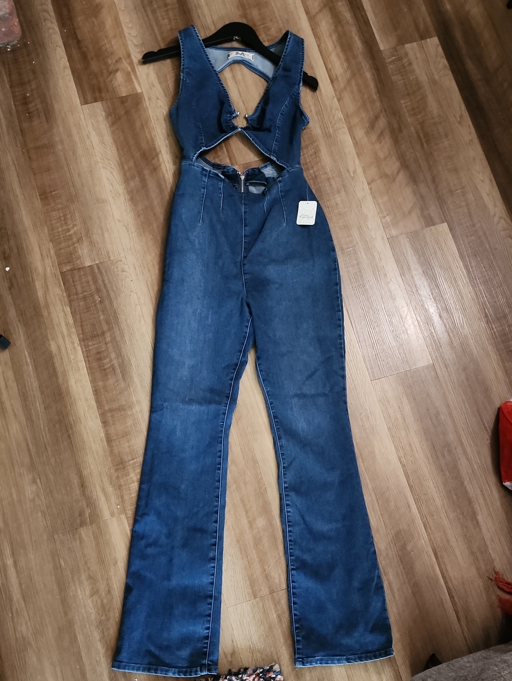 NWT We The Free Denim Cutout Jumpsuit Medium Open Back Blue Jean One Piece Wide - Picture 5 of 9